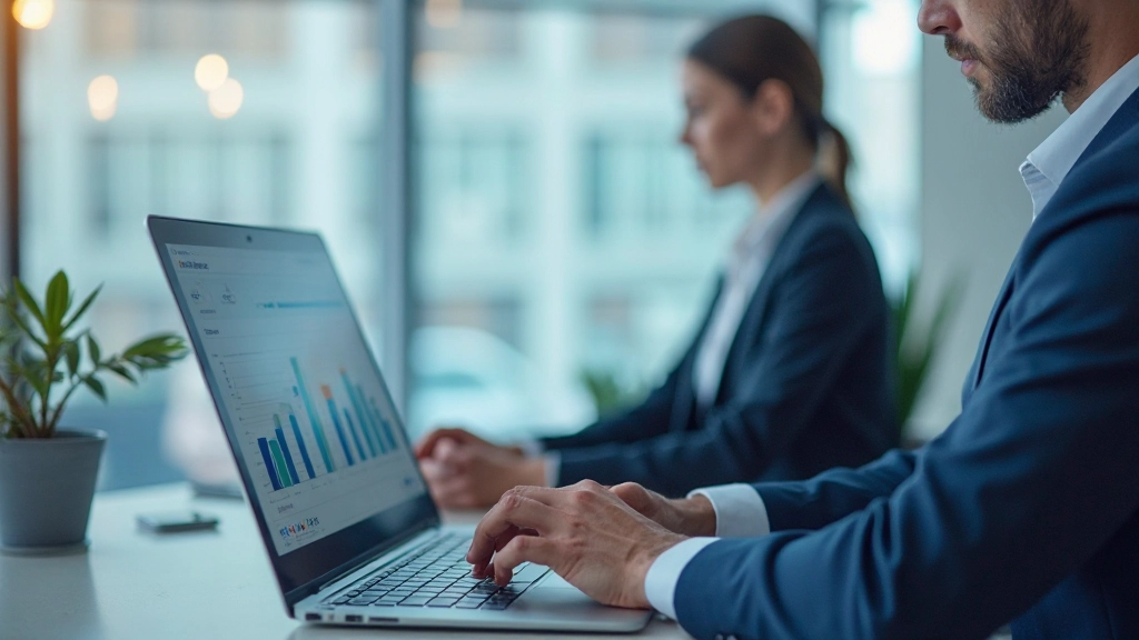 Профессиональная фотография аналитика данных, работающего с современным ноутбуком и аналитическими панелями в офисе