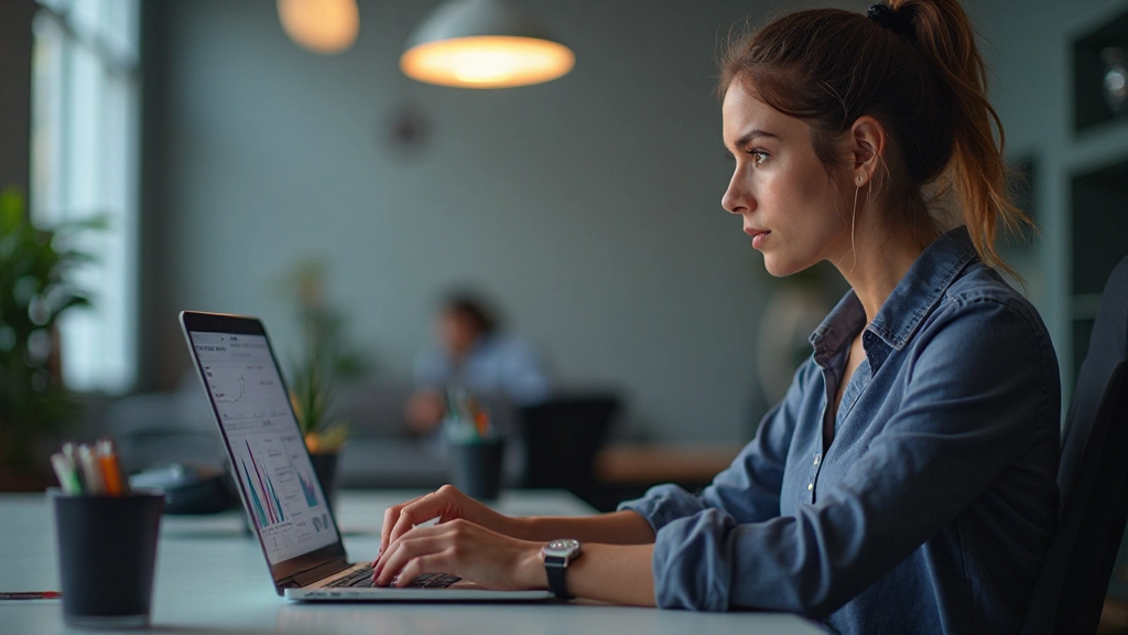 Профессиональная фотография бизнес-аналитика, работающего с аналитической панелью и диаграммами данных в офисе