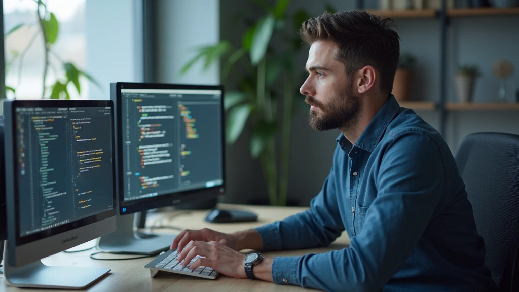 Профессиональное рабочее пространство разработчика с мониторами и кодом на экране