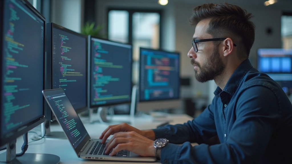 Профессиональная фотография программиста, кодирующего на современном ноутбуке в технологическом офисе