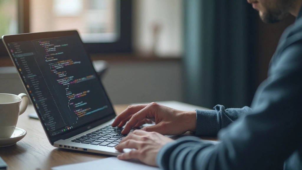 Молодой программист, работающий с кодом на экране ноутбука