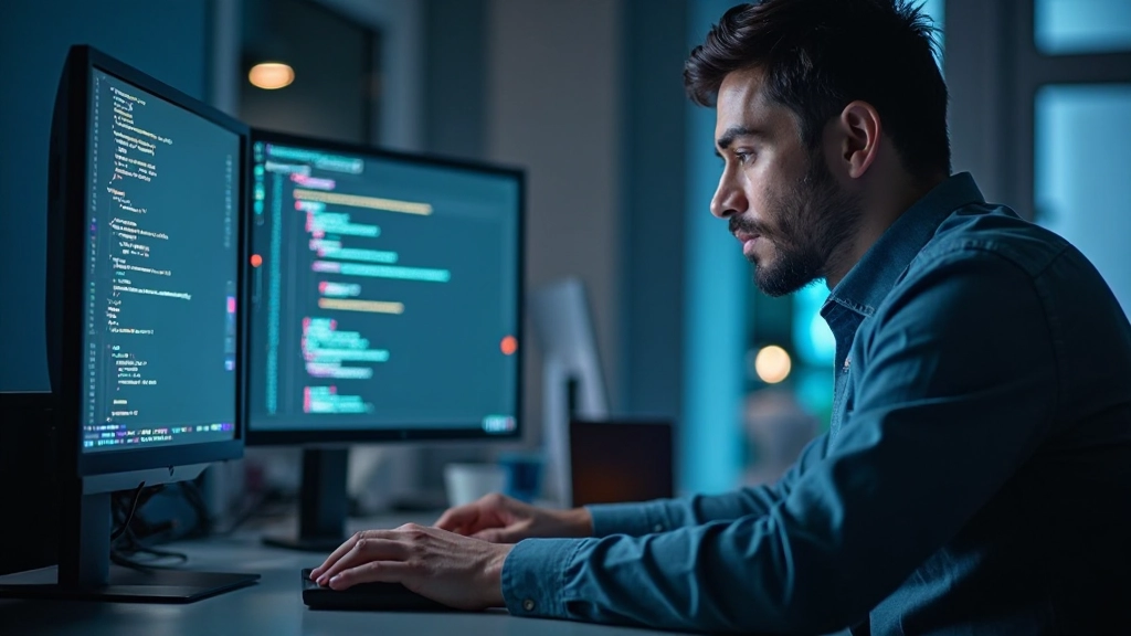 Software developer programming with laptop in modern tech workspace environment