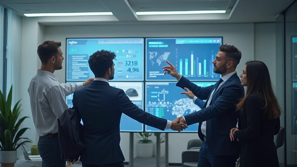 Команда аналитиков обсуждает результаты анализа данных с помощью графиков и диаграмм на экране